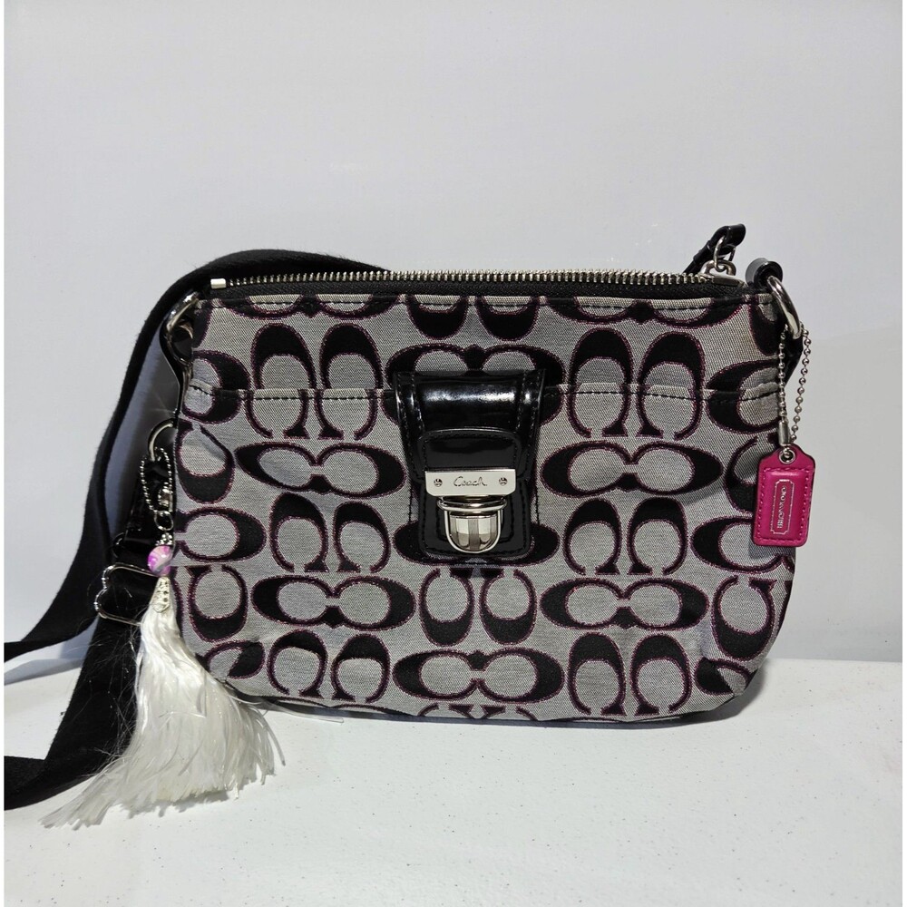 Coach Canvas Logo Shoulder Bag Crossbody Black Grey Fuschia